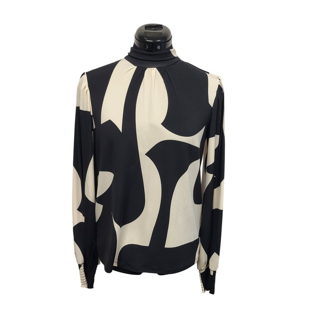 Sanctuary Black Cream Abstract Mock Neck Blouse Smocked‎ Cuff XS NWT